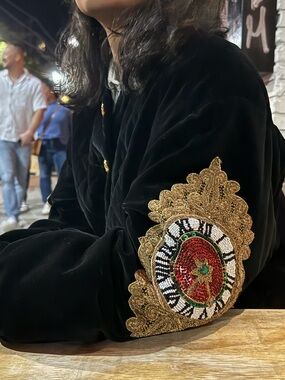 Escada Black Velvet Bomber Jacket with Gold Embroidered Clock Patch